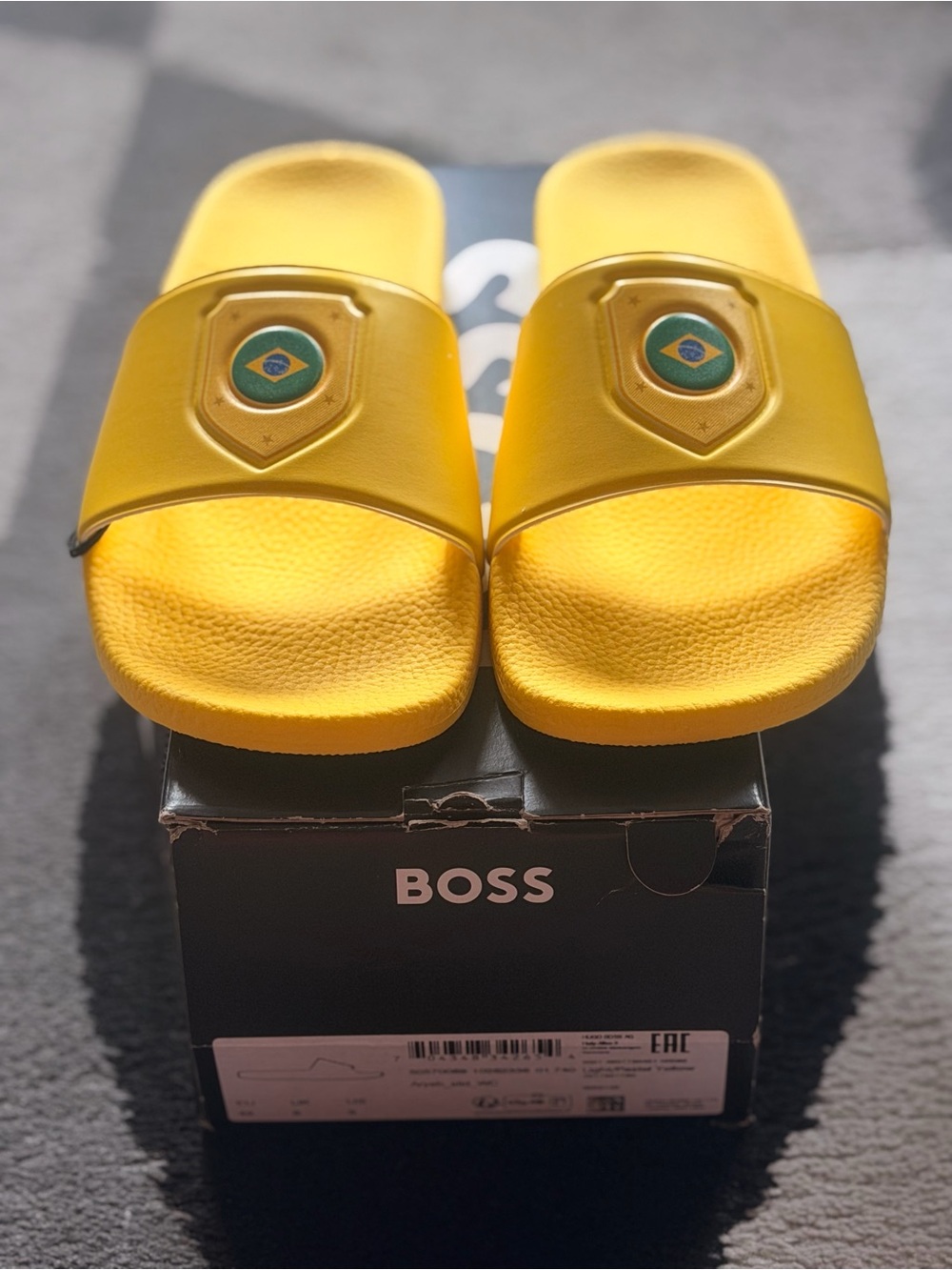 BOSS Yellow Mens' Slide Sandals with Crest Emblem